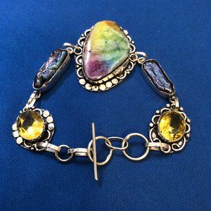 Handmade Bracelet Rainbow Solar Quartz Biwa Pearl 925 Stamped Sterling Silver